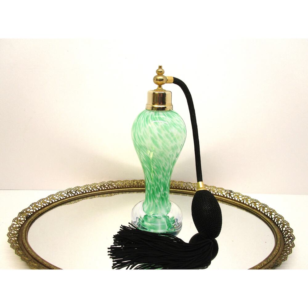 Vtg Blown Glass Atomizer Bottle Green White Lampwork Black Silk Fringe Puffer